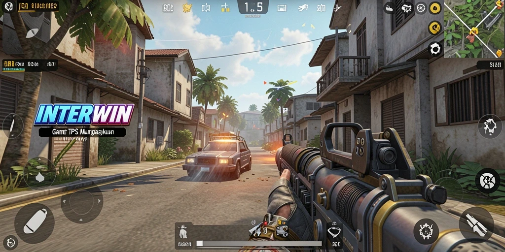 Screenshot utama INTERWIN yang menunjukkan aksi menegangkan dalam game TPS.