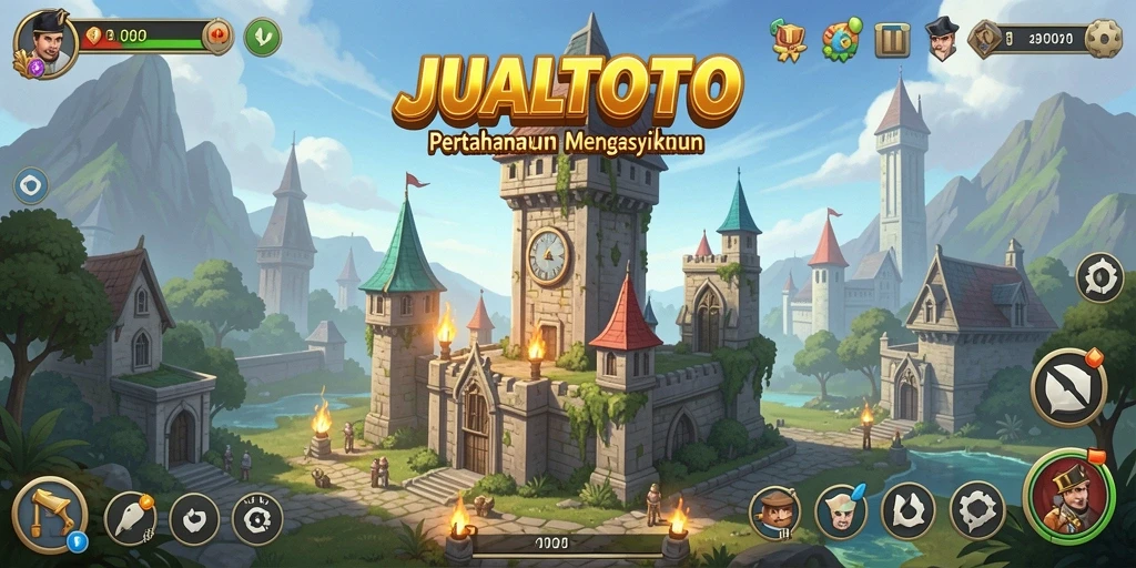 Tangkapan layar gameplay <strong>JUALTOTO</strong> menunjukkan aksi menara pertahanan yang epik.