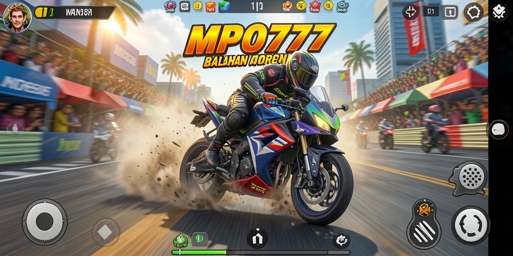 Screenshot tindakan balapan motor yang mendebarkan dalam MPO777.
