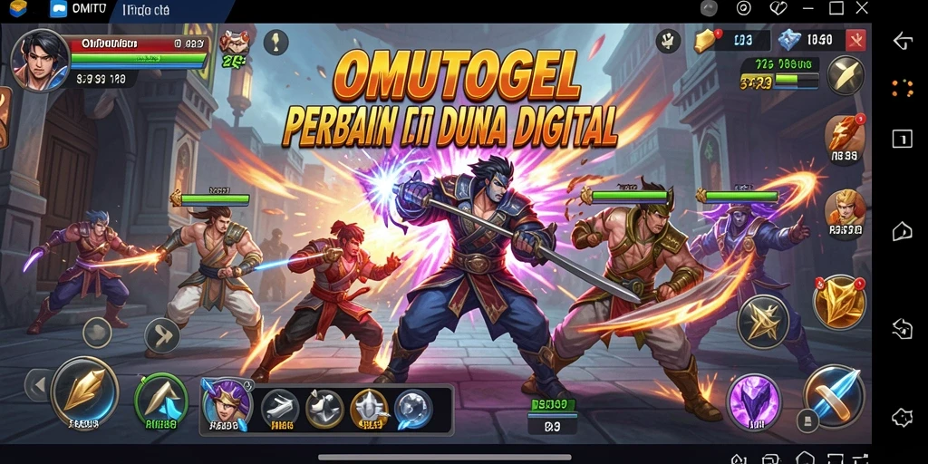 Screenshot utama gameplay OMUTOGEL menampilkan pertarungan seru dan karakter yang beragam.